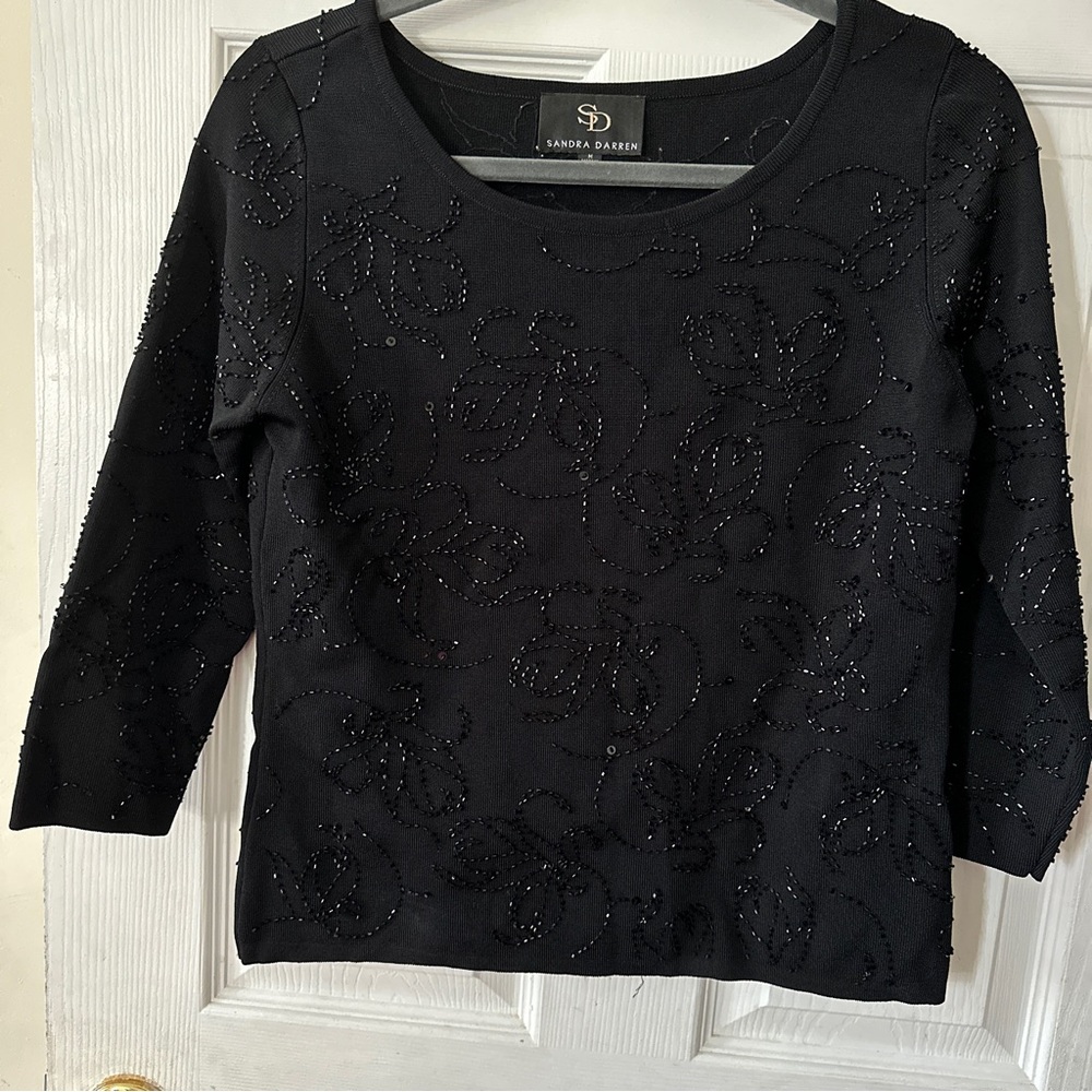 Sandra Darren Beaded Sweater 3/4 Sleeve Black Medium Boatneck